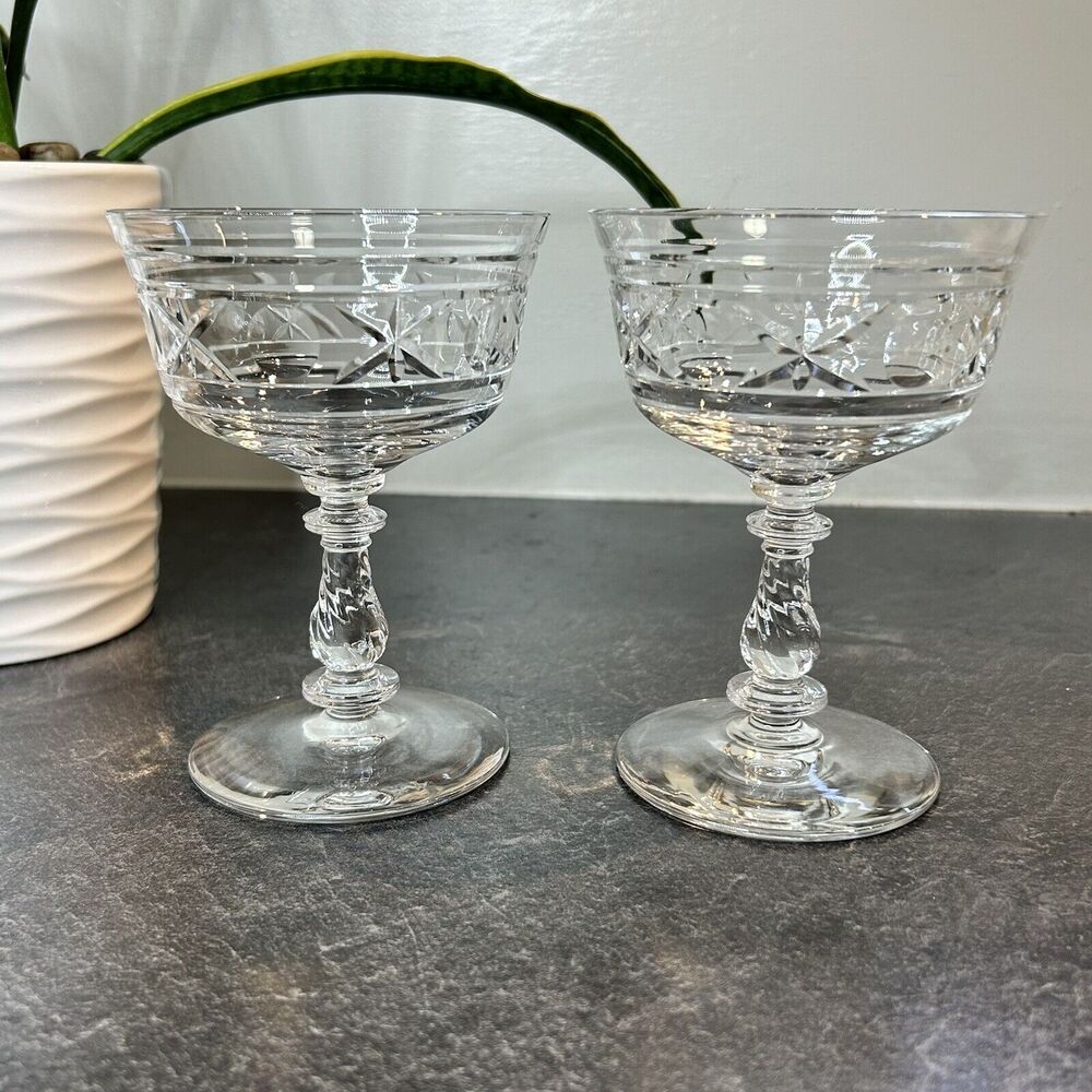 2- Vintage ROCK SHARPE 2003 Etched Crystal Champagne Tall Sherbet Glasses‎ 5”